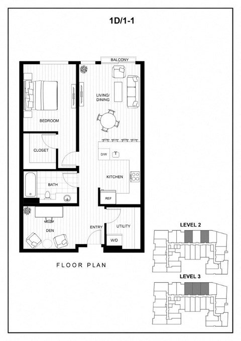 Floor plan for 1 bed, 1 bath, 829 sqft